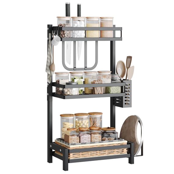 NETEL Multifunktional Gewürzregal Stehend, 3 Etagen Rostfrei Gewürzständer/Gewürzhalter, Küchenregal Organizer für Arbeitsplatte Aufbewahrung mit Utensilienhalter, Schneidebretthalter, Haken, Schwarz