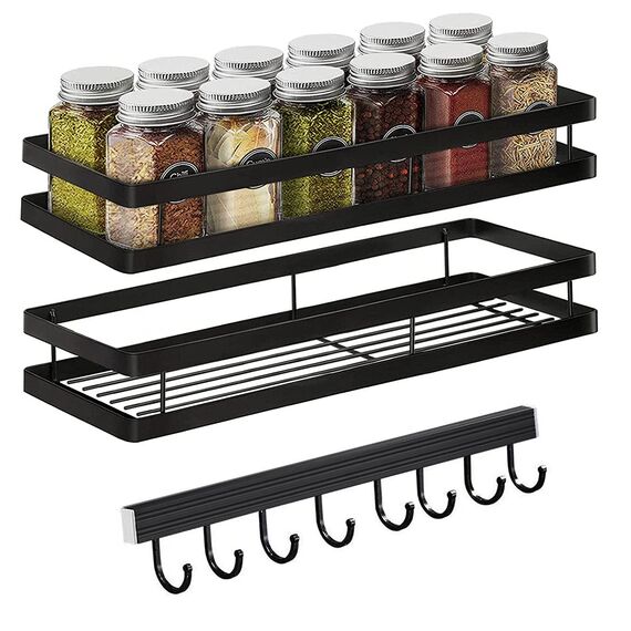 Gewürzregal Wand Ohne Bohren 2er Set mit Küchenreling Küchenregal hängend Gewürzregal Schranktür Edelstahl Duschablage für Küche Badezimmer Balkon 35 x 12 x 5,7 cm, Schwarz