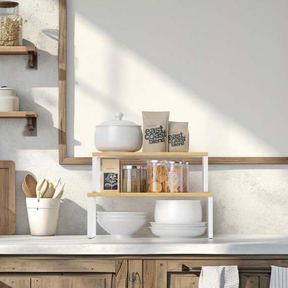 LIANTRAL Küchenschränke Organizer 4er Set, Küchenregal, Küchen Organizer, Gewürzregal, Metall und Holz, Erweiterbares, Stapelbares, Schrank Regaleinsatz, Breite 39,6 cm, Natur und Weiß