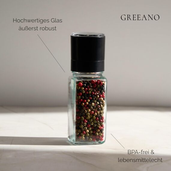 Greeano Salz und Pfeffermühle [2er Set] – Hochwertige Gewürzmühle aus Glas mit Keramikmahlwerk – Manuelle Salzmühle & Pfeffermühle für grobes Salz, Pfeffer & Gewürze