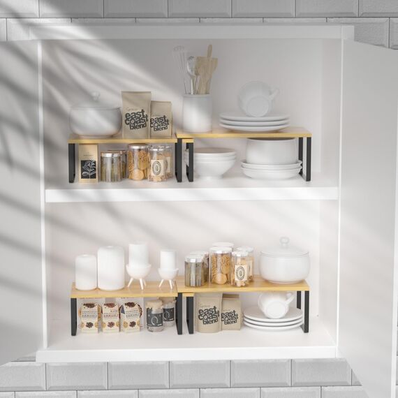 LIANTRAL Küchenschränke Organizer 4er Set, Küchenregal, Küchen Organizer, Gewürzregal, Metall und Holz, Erweiterbares, Stapelbares, Schrank Regaleinsatz, Breite 39,6 cm, Natur und Schwarz