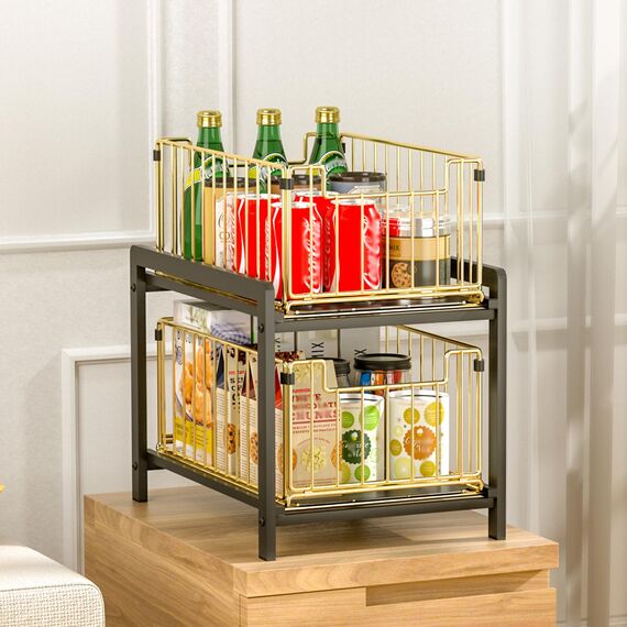 YunNasi Küchenregal Regal mit 2 Korb-Auszügen Unterschrankregal 2 Ebenen Gewürzregal Rostfreier Stahl Schiebe Schublade Aufbewahrung Bad Organizer für Heimat und Büro (Regulär, Schwarz)