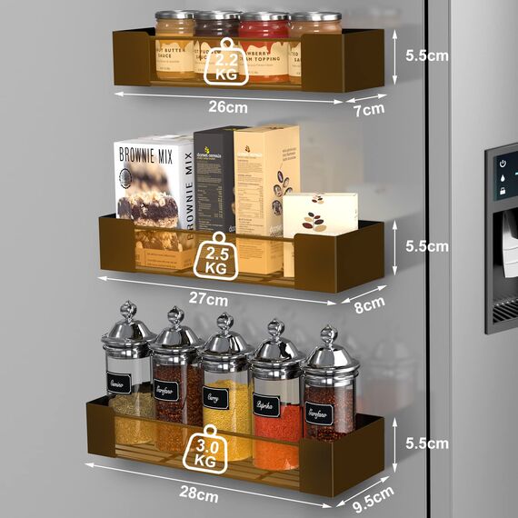 Golden Bell 3 Stück Gewürzregal Magnetisch, Magnet Regal Kühlschrank, Gewürzregal Ohne Bohren, Stark Magnetisch Gewürz Organiser, Schwarz