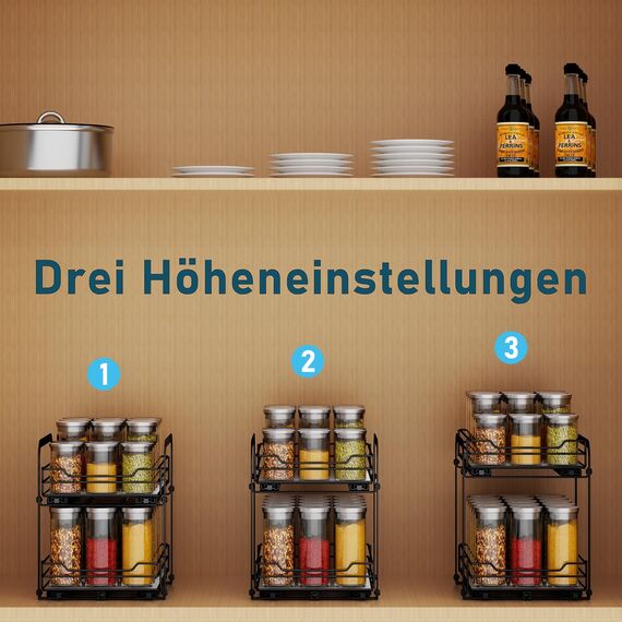 MAYZOLOP Gewürzregal Ausziehbar, Schrank Organizer Küche, 2 Etagen Gewürzaufbewahrung, Oberen und unteren Körbe können unabhängig herausgezogen werden, Höhenverstellbar für die meisten Küchenschränke