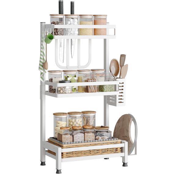 NETEL Multifunktional Gewürzregal Stehend, 3 Etagen Rostfrei Gewürzständer/Gewürzhalter, Küchenregal Organizer für Arbeitsplatte Aufbewahrung mit Utensilienhalter, Schneidebretthalter, Haken, Weiß