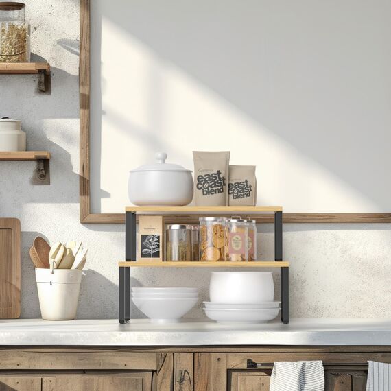 LIANTRAL Küchenschränke Organizer 4er Set, Küchenregal, Küchen Organizer, Gewürzregal, Metall und Holz, Erweiterbares, Stapelbares, Schrank Regaleinsatz, Breite 39,6 cm, Natur und Schwarz