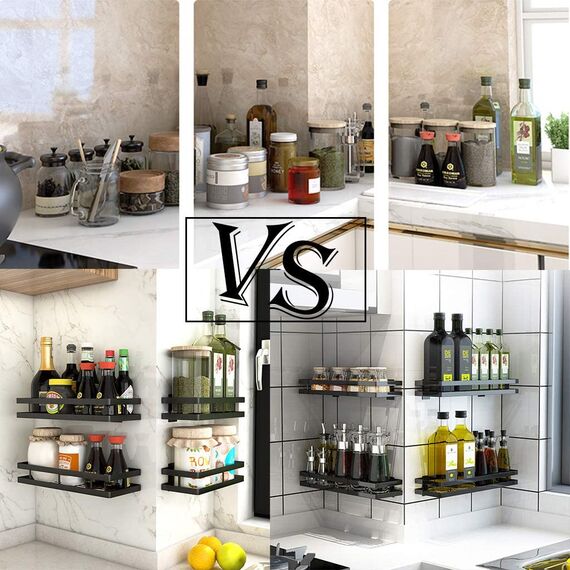 Gewürzregal Wand Ohne Bohren 2er Set mit Küchenreling Küchenregal hängend Gewürzregal Schranktür Edelstahl Duschablage für Küche Badezimmer Balkon 35 x 12 x 5,7 cm, Schwarz