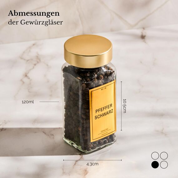 Greeano Gewürzgläser Set [24 x 120ml] mit 300 Gewürzetiketten [DE] - Gewürze Aufbewahrung mit Streueinsatz - Gewürzdosen Glas - Gewürzbehälter Glas - Gewürz Organizer - Spice Jars Gold