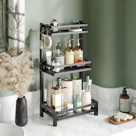 NETEL Multifunktional Gewürzregal Stehend, 3 Etagen Regal Küche Gewürzregal, Küchenregal Organizer für Arbeitsplatte Aufbewahrung mit 4 Haken,Verstellbare Füße, für Esszimmer, Küchen, Badezimmer