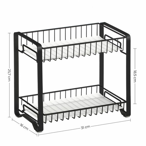 SONGMICS Gewürzregal mit 2 Ebenen, Küchenregal aus Metall, mit Kunststoffplatten, rutschfeste Füße, leicht zu montieren, für Arbeitsplatte, Speisekammer, Bad, Küche, schwarz KCS013B01