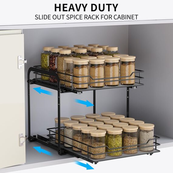 AIRUJIA Gewürzregal Ausziehbar, 2 Etagen Spülschrank Organizer, Gewürzregal Schrank, Spice Rack, Anhebbares Waschbecken Regal, Gewürz Organizerfür Für Küche, L26.4*B23.2*H23CM