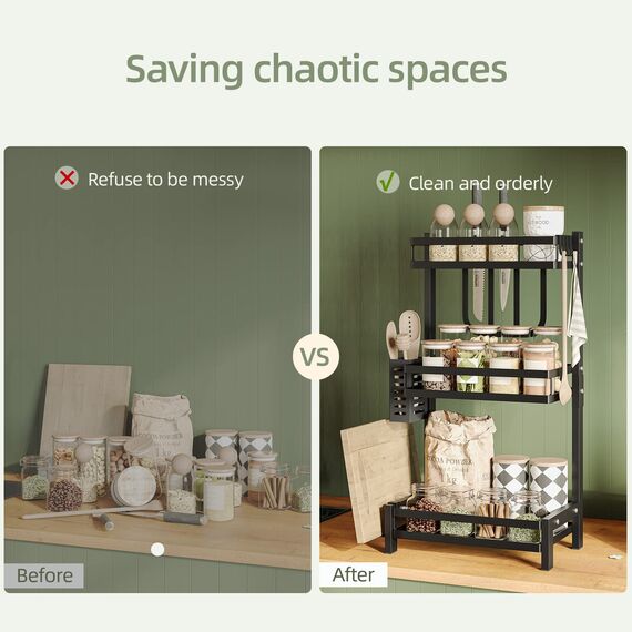 NETEL Multifunktional Gewürzregal Stehend, 3 Etagen Rostfrei Gewürzständer/Gewürzhalter, Küchenregal Organizer für Arbeitsplatte Aufbewahrung mit Utensilienhalter, Schneidebretthalter, Haken, Schwarz