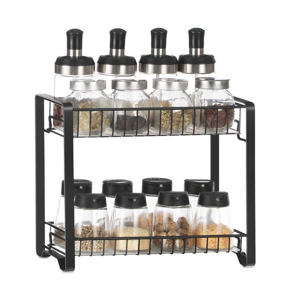 SONGMICS Gewürzregal mit 2 Ebenen, Küchenregal aus Metall, mit Kunststoffplatten, rutschfeste Füße, leicht zu montieren, für Arbeitsplatte, Speisekammer, Bad, Küche, schwarz KCS013B01