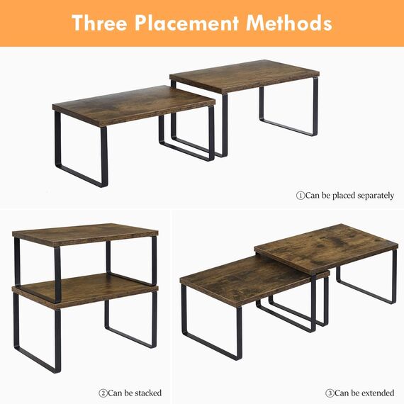 LIANTRAL Küchenregal, 4er Set Küchenschrank Organizer, Küchen Organizer aus Metall und Holzwerkstoff, Erweiterbar und Stapelbar kleines Regal Küche Schrank-Organizer Gewürzregale, Braun und Schwarz