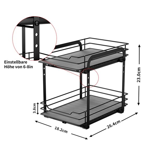 MAYZOLOP Gewürzregal Ausziehbar, Schrank Organizer Küche, 2 Etagen Gewürzaufbewahrung, Oberen und unteren Körbe können unabhängig herausgezogen werden, Höhenverstellbar für die meisten Küchenschränke
