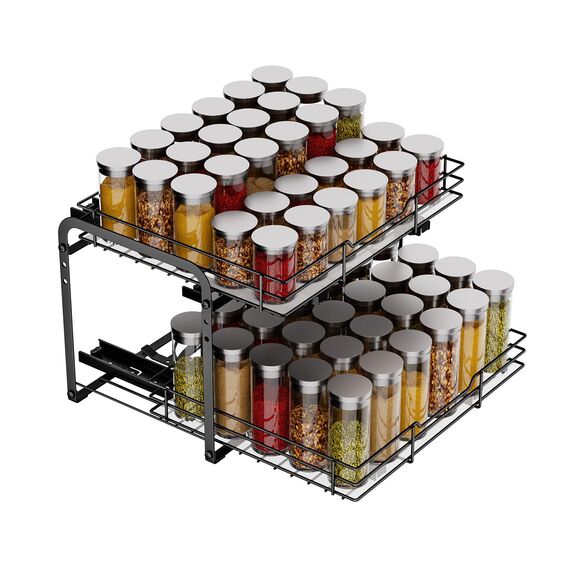 MAYZOLOP Gewürzregal Ausziehbar, Schrank Organizer Küche, 2 Etagen Gewürzaufbewahrung, Oberen und unteren Körbe können unabhängig herausgezogen werden, Höhenverstellbar für die meisten Küchenschränke1