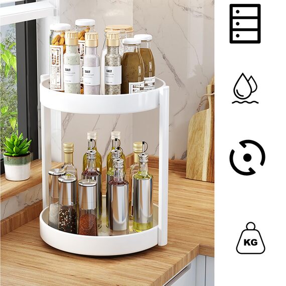 JOUING Drehteller Organizer Gewürzregal Drehbar 2 Etagen Metall Lazy Susan für Schrank Drehbares Gewürzregal für Küche Organizer für Kosmetik, Badezimmer (Weiß)