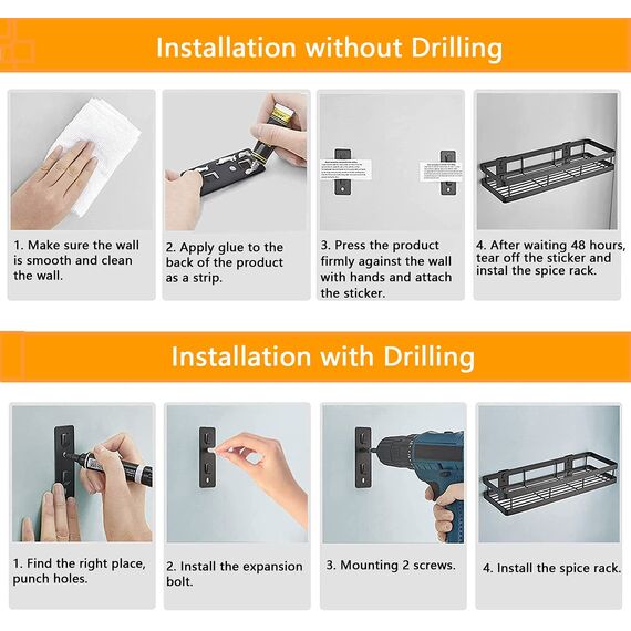 Gewürzregal Wand Ohne Bohren 2er Set mit Küchenreling Küchenregal hängend Gewürzregal Schranktür Edelstahl Duschablage für Küche Badezimmer Balkon 35 x 12 x 5,7 cm, Schwarz