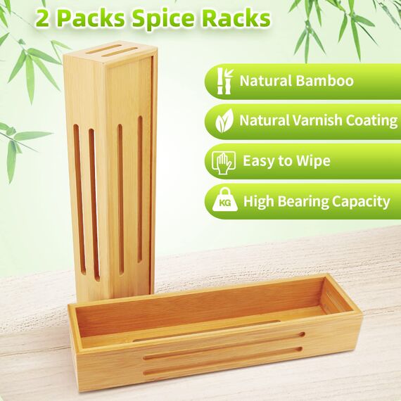 SAUNNIHEN Bambus Gewürzregal Ohne Bohren, 2 Stück Gewürzständer Wand, Gewürzhalter kann Schranktüren Kühlschrank, Stehend oder Hängend verwendbar, Selbstklebende oder Gebohrte Montage