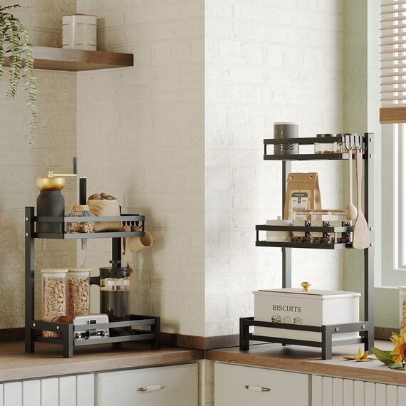 NETEL Multifunktional Gewürzregal Stehend, 3 Etagen Regal Küche Gewürzregal, Küchenregal Organizer für Arbeitsplatte Aufbewahrung mit 4 Haken,Verstellbare Füße, für Esszimmer, Küchen, Badezimmer