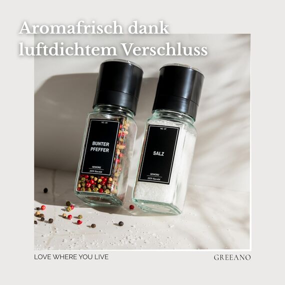 Greeano Salz und Pfeffermühle [2er Set] – Hochwertige Gewürzmühle aus Glas mit Keramikmahlwerk – Manuelle Salzmühle & Pfeffermühle für grobes Salz, Pfeffer & Gewürze