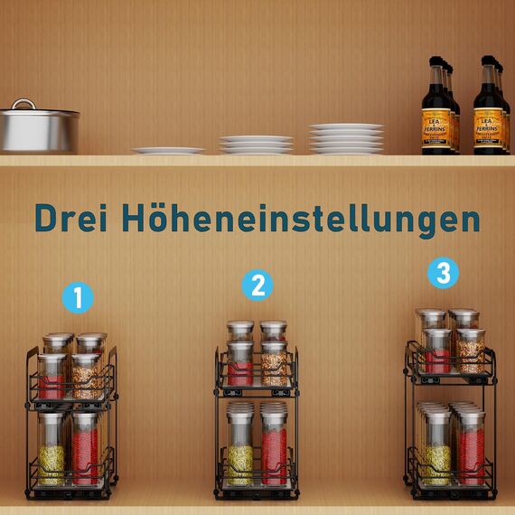 MAYZOLOP Gewürzregal Ausziehbar, Schrank Organizer Küche, 2 Etagen Gewürzaufbewahrung, Oberen und unteren Körbe können unabhängig herausgezogen werden, Höhenverstellbar für die meisten Küchenschränke