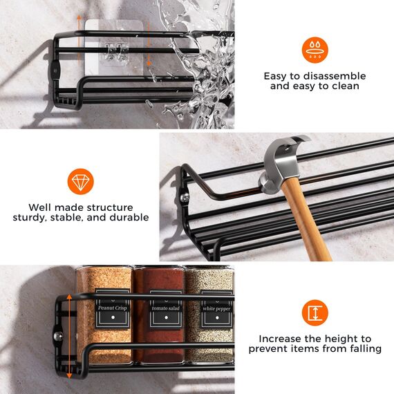 Priksia Gewürzregal Wand, 4er Set Gewürz Organizer Ohne Bohren, Gewürzhalter Hängend aus Metall mit 8 Selbstklebende und Schrauben für Gewürzdosen, Küchenschrank, Speisekammertür