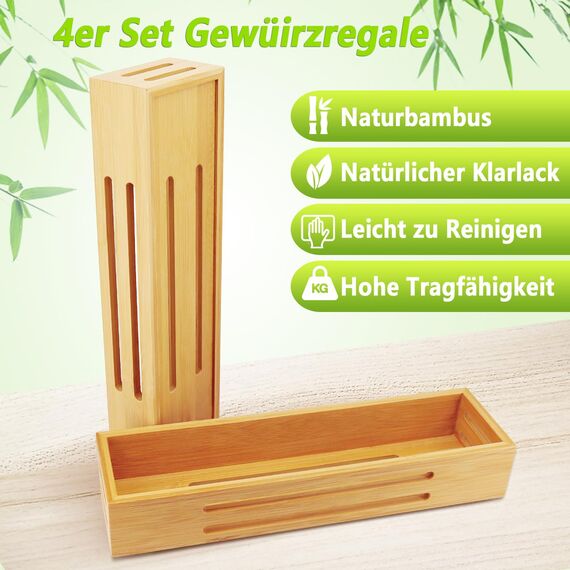 SAUNNIHEN Bambus Gewürzregal Ohne Bohren, 4 Stück Gewürzständer Wand, Gewürzhalter kann Schranktüren Kühlschrank, Stehend oder Hängend verwendbar, Selbstklebende oder Gebohrte Montage