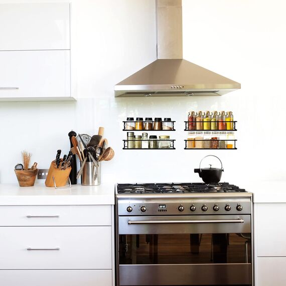 Vidor® Gewürzregal aus Metall - 4er Küchenregal Wand hängend Selbstklebend Gewürzregal Ohne Bohren für Küchenablage,Schrankeinsatz,Organizer,Badregal,35x8x5.3cm,Schwarz