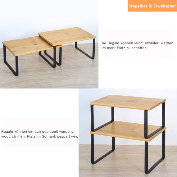 LIANTRAL Küchenschrank Organizer 4er-Set, Küchenregal, Küchen Organizer aus Metall und Bambus, Erweiterbar und Stapelbar Schrank-Organizer Gewürzregale, kleines Regal, Schwarz und Naturfarben