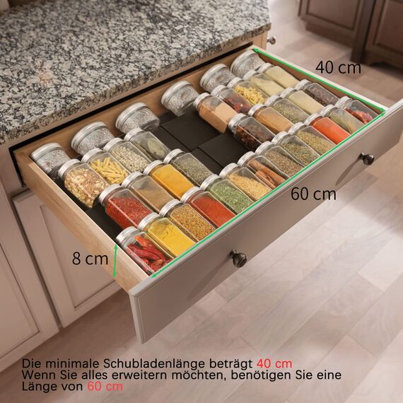 Okiuen Gewürzregal Schublade Gewürz Organizer Schubladeneinsatz Einstellbare Breite Gewürzhalter von 30cm bis 60cm Gewürzschublade Ordnungssystem Gewürzeinsatz