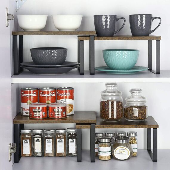 LIANTRAL Küchenregal, 4er Set Küchenschrank Organizer, Küchen Organizer aus Metall und Holzwerkstoff, Erweiterbar und Stapelbar kleines Regal Küche Schrank-Organizer Gewürzregale, Braun und Schwarz