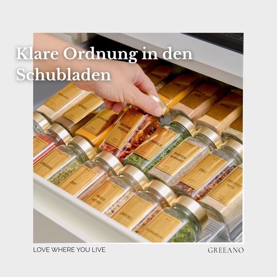 Greeano Gewürzgläser Set [24 x 120ml] mit 300 Gewürzetiketten [DE] - Gewürze Aufbewahrung mit Streueinsatz - Gewürzdosen Glas - Gewürzbehälter Glas - Gewürz Organizer - Spice Jars Gold