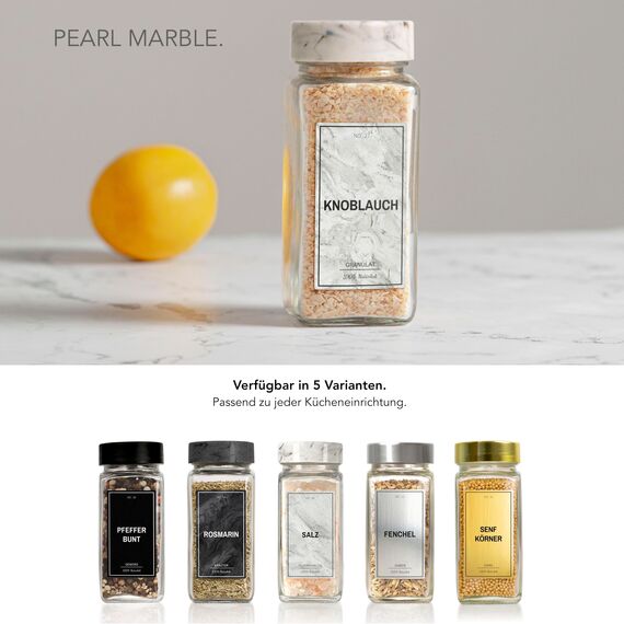 Greeano Mamor Weiß Gewürzgläser Set [24 x 120ml] mit 300 Gewürzetiketten [DE] - Gewürzgläser eckig mit Streueinsatz - Gewürzdosen Set - Gewürzbehälter Glas - mit Streueinsatz
