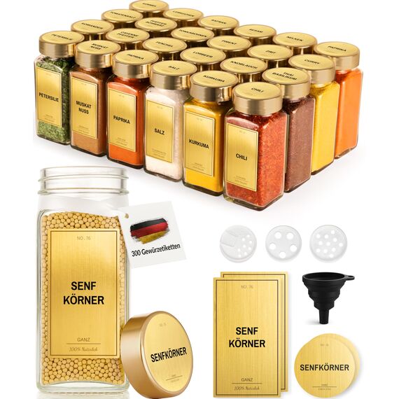 Greeano Gewürzgläser Set [24 x 120ml] mit 300 Gewürzetiketten [DE] - Gewürze Aufbewahrung mit Streueinsatz - Gewürzdosen Glas - Gewürzbehälter Glas - Gewürz Organizer - Spice Jars Gold