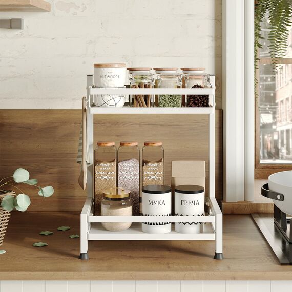 NETEL Multifunktional Gewürzregal Stehend, 2 Etagen Rostfrei Gewürzständer/Gewürzhalter, Küchenregal Organizer für 4 Haken, Weiß