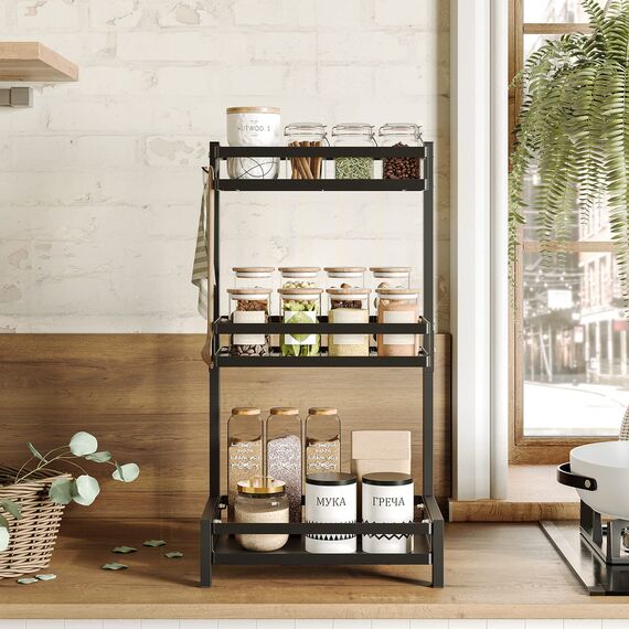 NETEL Multifunktional Gewürzregal Stehend, 3 Etagen Regal Küche Gewürzregal, Küchenregal Organizer für Arbeitsplatte Aufbewahrung mit 4 Haken,Verstellbare Füße, für Esszimmer, Küchen, Badezimmer