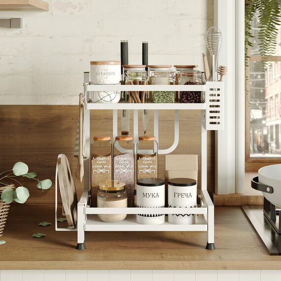 NETEL Multifunktional Gewürzregal Stehend, 2 Etagen Rostfrei Gewürzständer/Gewürzhalter, Küchenregal Organizer für Arbeitsplatte Aufbewahrung mit Utensilienhalter, Schneidebretthalter, Haken, Weiß