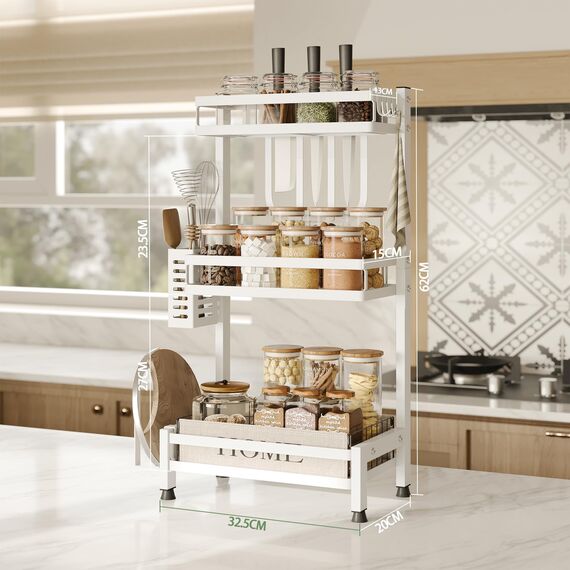 NETEL Multifunktional Gewürzregal Stehend, 3 Etagen Rostfrei Gewürzständer/Gewürzhalter, Küchenregal Organizer für Arbeitsplatte Aufbewahrung mit Utensilienhalter, Schneidebretthalter, Haken, Weiß