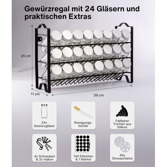 Deco haus® Gewürzregal Stehend & Wand [MIT GEWÜRZDOSEN & ETIKETTEN] - Gewürz Organizer - Spice Rack Organizer - Gewürzständer - Gewürzregalsystem Hängend - Gewürzaufbewahrung - Gewürzgläser mit Regal