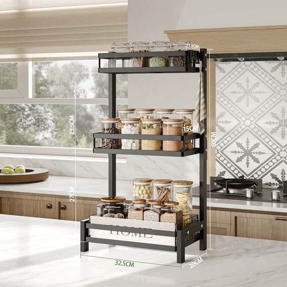 NETEL Multifunktional Gewürzregal Stehend, 3 Etagen Regal Küche Gewürzregal, Küchenregal Organizer für Arbeitsplatte Aufbewahrung mit 4 Haken,Verstellbare Füße, für Esszimmer, Küchen, Badezimmer