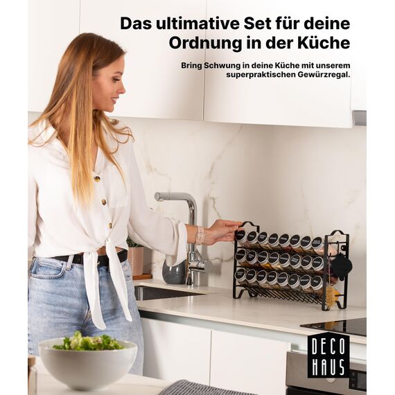 Deco haus® Gewürzregal Stehend & Wand [MIT GEWÜRZDOSEN & ETIKETTEN] - Gewürz Organizer - Spice Rack Organizer - Gewürzständer - Gewürzregalsystem Hängend - Gewürzaufbewahrung - Gewürzgläser mit Regal
