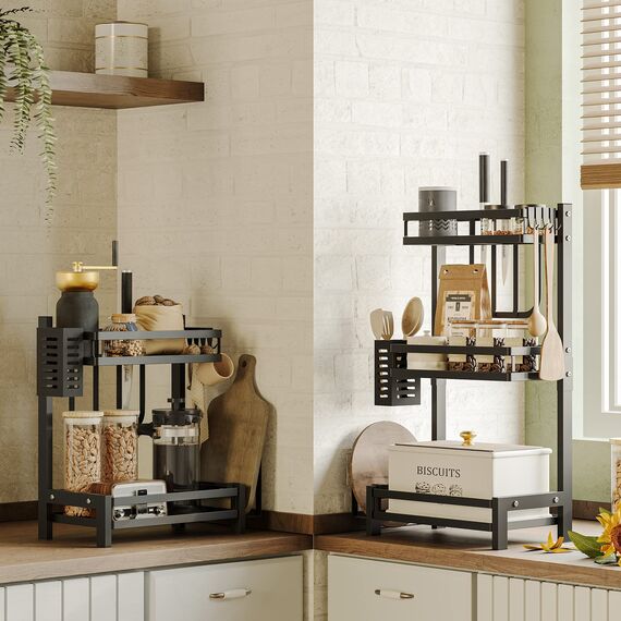 NETEL Multifunktional Gewürzregal Stehend, 2 Etagen Rostfrei Gewürzständer/Gewürzhalter, Küchenregal Organizer für Arbeitsplatte Aufbewahrung mit Utensilienhalter, Schneidebretthalter, Haken, Schwarz