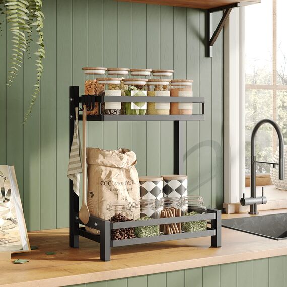 NETEL Multifunktional Gewüzregal Stehend, 2 Etagen Rostfrei Gewüzständer/Gewüzhalter, Küchenregal Organizer für Arbeitsplatte Aufbewahrung mit 4 Haken, Schwarz