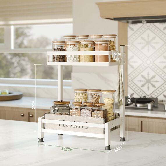 NETEL Multifunktional Gewürzregal Stehend, 2 Etagen Rostfrei Gewürzständer/Gewürzhalter, Küchenregal Organizer für 4 Haken, Weiß