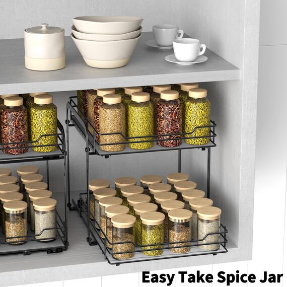 AIRUJIA Gewürzregal Ausziehbar, 2 Etagen Spülschrank Organizer, Gewürzregal Schrank, Spice Rack, Anhebbares Waschbecken Regal, Gewürz Organizerfür Für Küche, L26.4*B23.2*H23CM