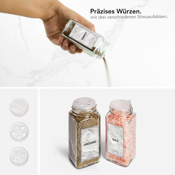 Greeano Mamor Weiß Gewürzgläser Set [24 x 120ml] mit 300 Gewürzetiketten [DE] - Gewürzgläser eckig mit Streueinsatz - Gewürzdosen Set - Gewürzbehälter Glas - mit Streueinsatz