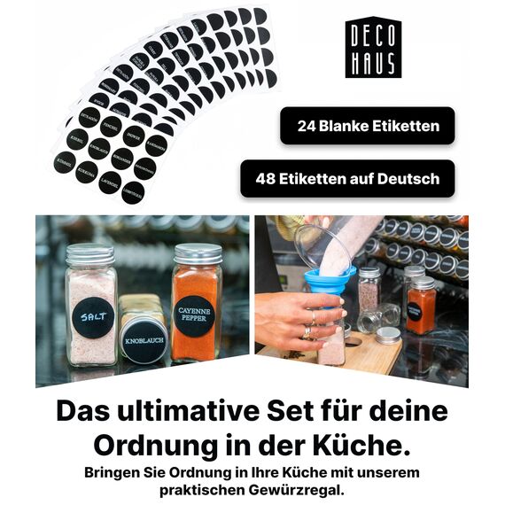 Deco haus® Gewürzregal Stehend & Wand [MIT GEWÜRZDOSEN & ETIKETTEN] - Spices Gewürz Organizer - Spice Rack Gewürzständer Gewürzregalsystem Hängend Gewürzaufbewahrung Gewürzgläser mit Regal