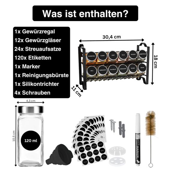 Deco haus® Gewürzregal Stehend & Wand [MIT GEWÜRZDOSEN & ETIKETTEN] - Spices Gewürz Organizer - Spice Rack - Gewürzständer - Gewürzregalsystem Hängend - Gewürzaufbewahrung - Gewürzgläser mit Regal