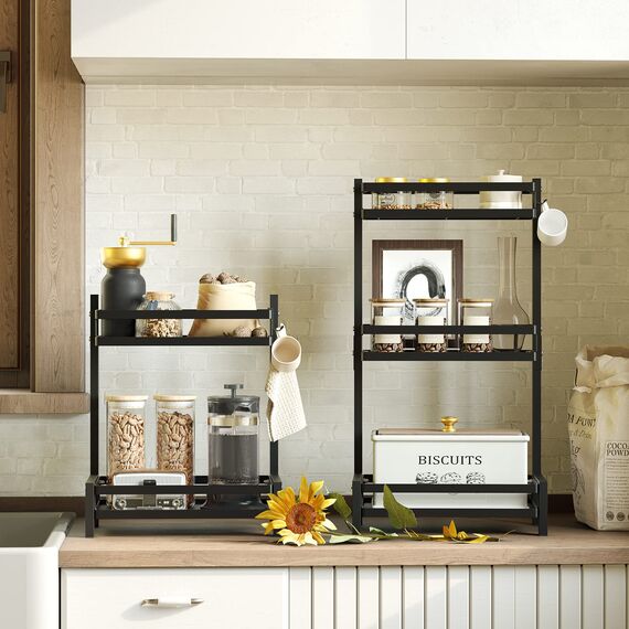 NETEL Multifunktional Gewüzregal Stehend, 2 Etagen Rostfrei Gewüzständer/Gewüzhalter, Küchenregal Organizer für Arbeitsplatte Aufbewahrung mit 4 Haken, Schwarz